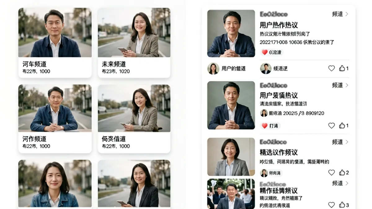 俺去也首页精选推荐频道与用户热议频道的页面风格与内容形态对比截图示意