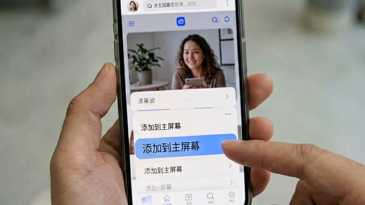 在手机浏览器中打开俺去也首页并将其添加到主屏幕快捷方式的操作步骤示意