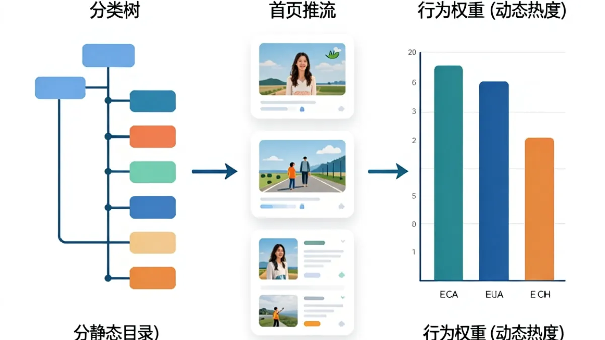 俺去也首页分类树与行为权重双轨分发机制的逻辑示意图，用箭头展示内容从分类到推流的路径